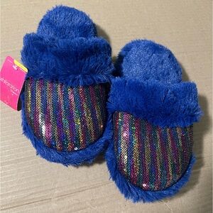 Xhilaration Blue Fuzzy Slippers with Multicolor Sequins